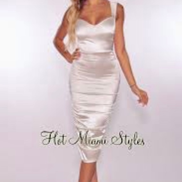 NWT Ruched Satin effect White dress Hot Miami Styles Sz S 🔥 stretchy - Picture 1 of 6